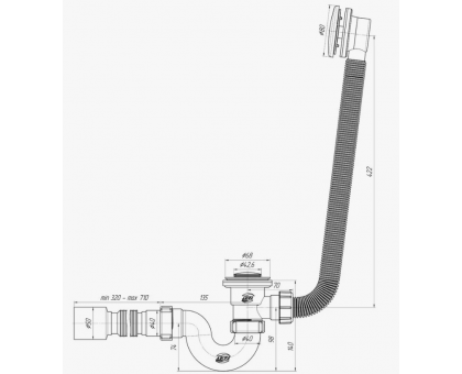 Сифон АНИ для ванны клик-клак с выпуском и переливом, с гибкой трубой 375*40*50, сетка EC155S